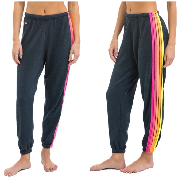 Aviator Nation Pants - Aviator Nation 5 Stripe Sweatpants - CHARCOAL // NEON SZ S